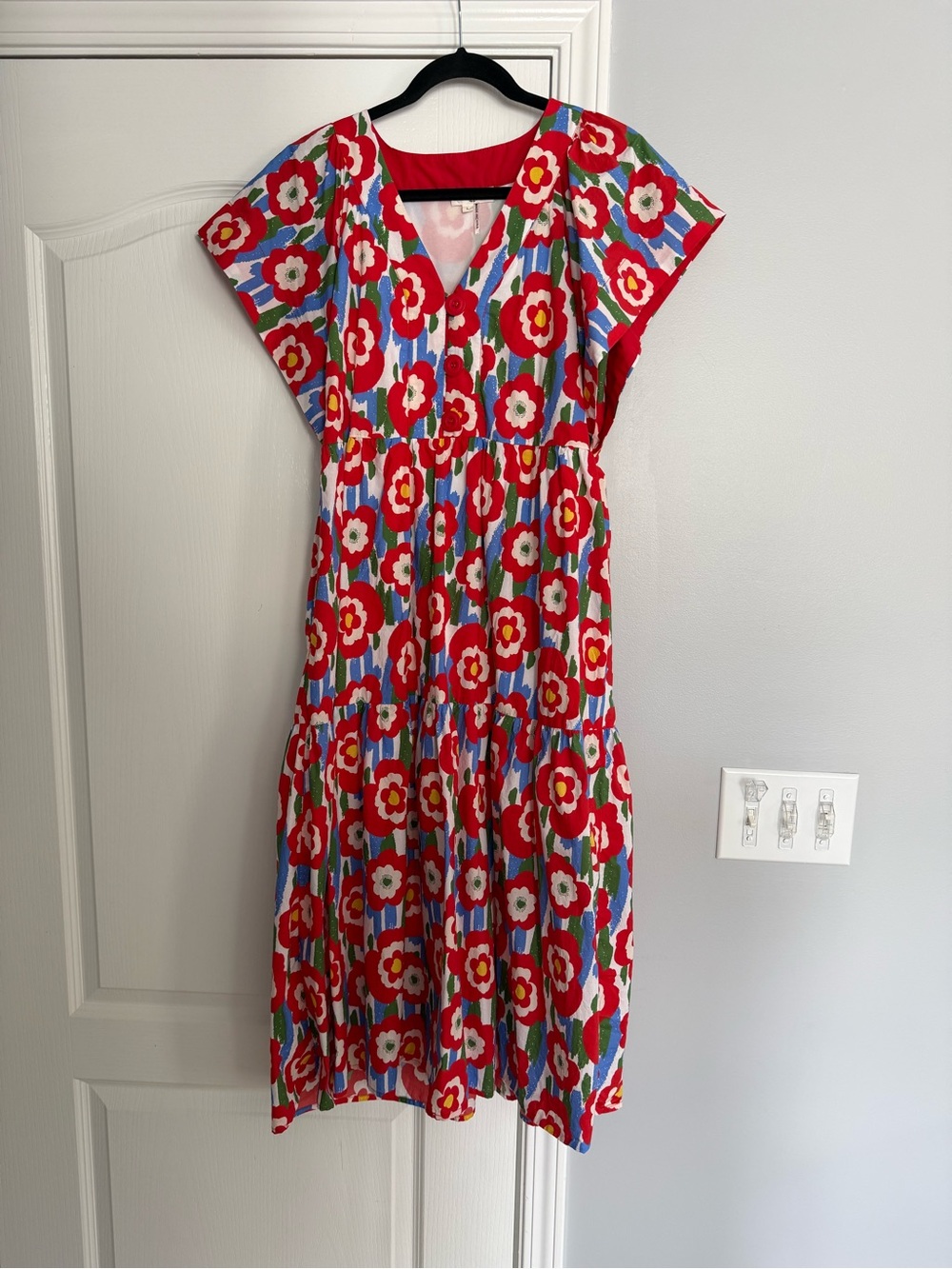 Entro Bright Red Floral V-Neck Midi Dress